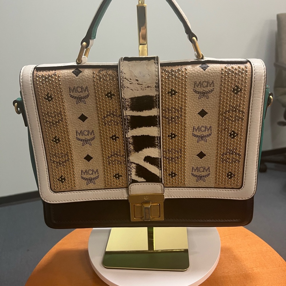 MCM Brown White Gold Studded Top Handle Satchel